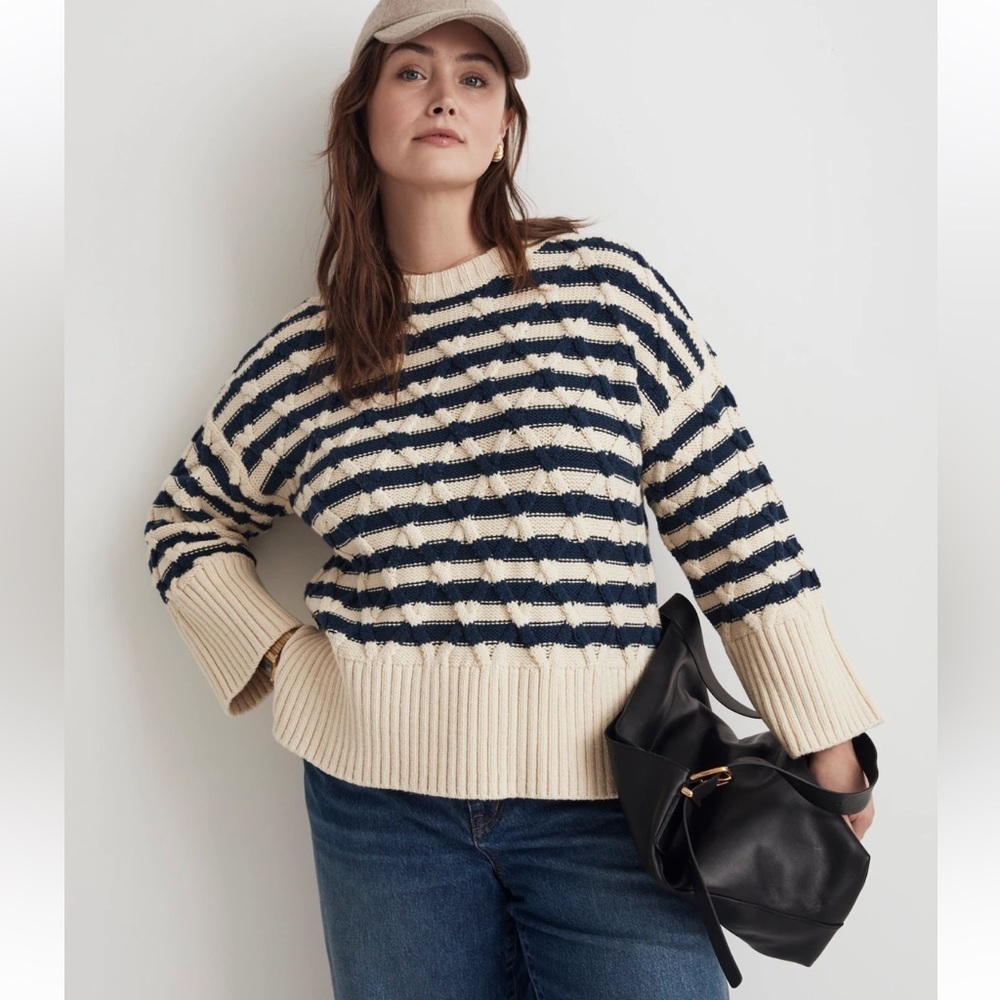 Madewell Cream and Navy Striped Crewneck Sweater